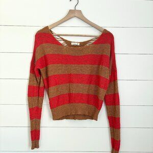 Mine red and brown rugby stripe sweater with cute cutout detail in back sz med